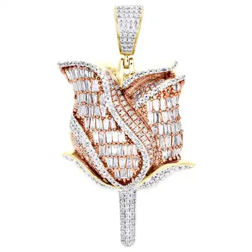 10K Yellow Gold Round & Baguette Diamond Rose Flower Pendant 1.85″ Charm 1.88 CT