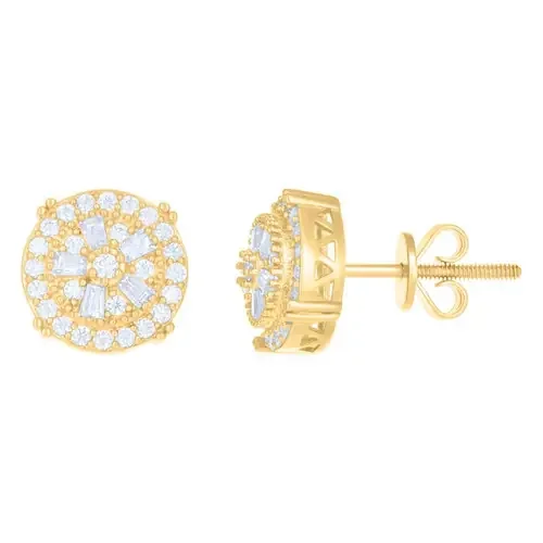 10k Yellow Gold Round & Baguette Moissanite 11mm Tier Halo Stud Earrings 0.85 Ct