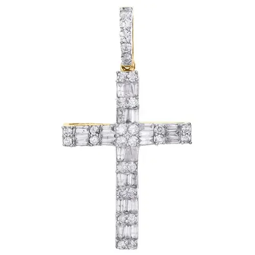 10K Yellow Gold Round & Baguette Real Diamond Cross Pendant 1.40″ Charm 0.90 CT.
