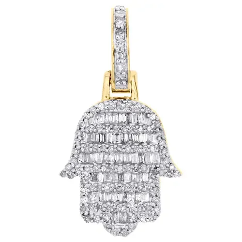 10K Yellow Gold Round & Baugette Diamond Mini Hamsa Hand Pendant 1″ Charm 1/2 CT