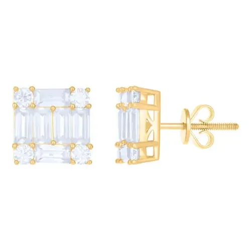10k Yellow Gold Round & Emerald Moissanite 11mm Square Stud Earrings 4.88 Ct