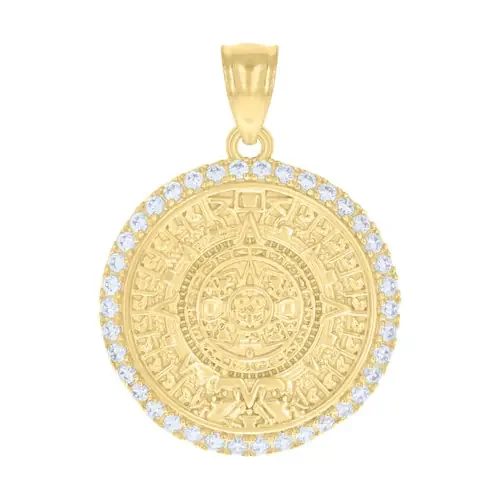 10K Yellow Gold Round Cut CZ Men‘s 1.05″ Charm Aztec Calendar Medallion Pendant