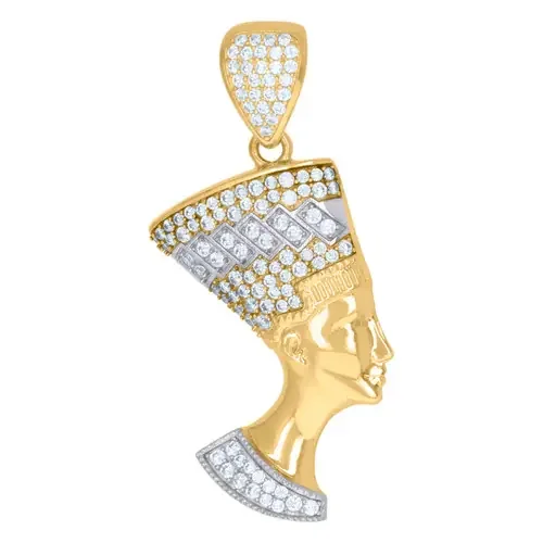 10K Yellow Gold Round Cut CZ Men‘s 1.60″ Egyptian Charm Queen Nefertiti Pendant