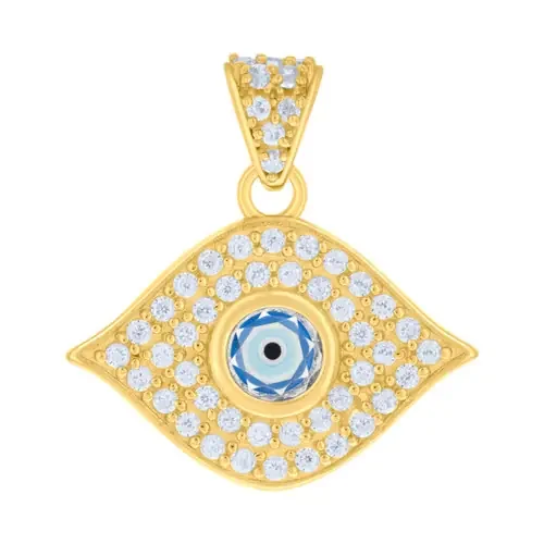 10K Yellow Gold Round Cut CZ Unisex 0.95″ Enameled Luck Charm Evil Eye Pendant