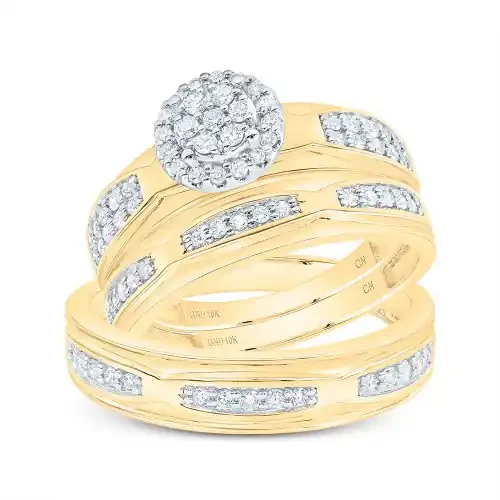 10K Yellow Gold Round Cut Diamond Men‘s Wedding Band & Women‘s Bridal Set Tiered Floral Halo Flower Matching Trio Set 1/2 CT.
