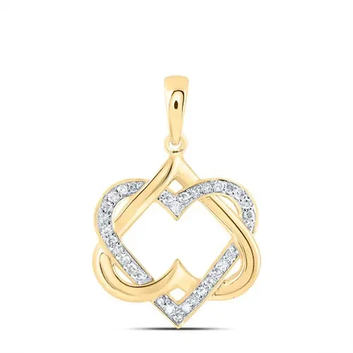 10K Yellow Gold Round Cut Diamond Women‘s Interlocked Double Heart Pendant 1/6 CT.