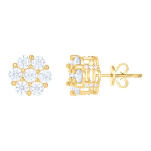 10k Yellow Gold Round Cut Moissanite 10mm Flower Set 3D Stud Earrings 2.07 Ct