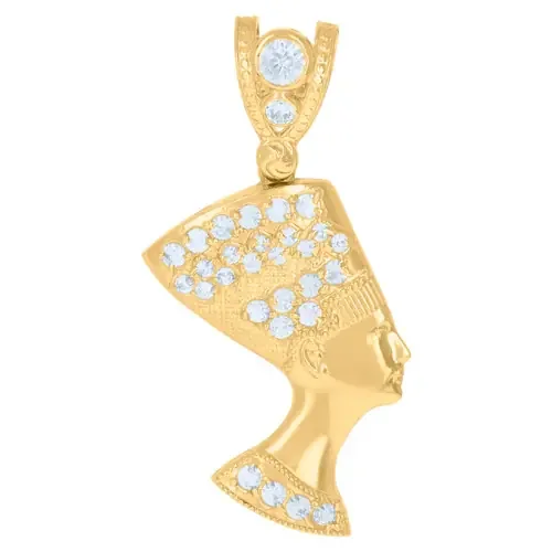 10K Yellow Gold Round CZ 1.65″ Egyptian Queen Charm Textured Nefertiti Pendant