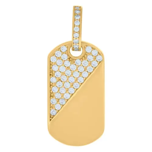 10K Yellow Gold Round CZ Men‘s 1.10″ Military Charm Split Design Dog Tag Pendant
