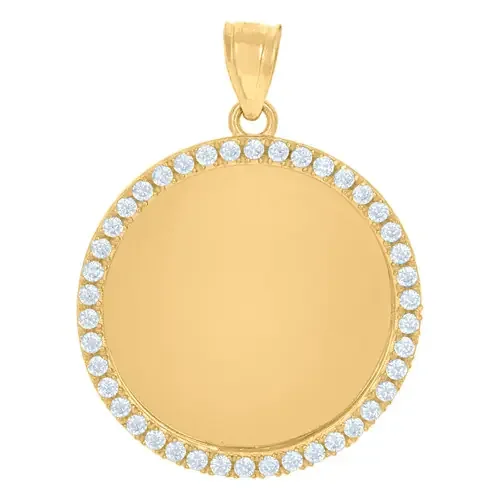 10K Yellow Gold Round CZ Men‘s 1.25″ 1 Row Circle Picture Memory Frame Pendant