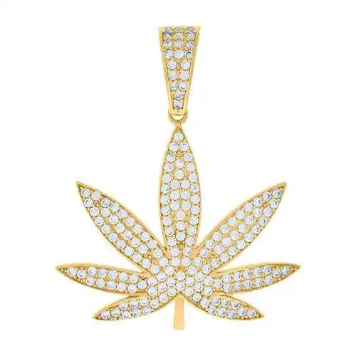10K Yellow Gold Round CZ Men‘s 1.40″ Iced Out Charm Weed Marijuana Leaf Pendant