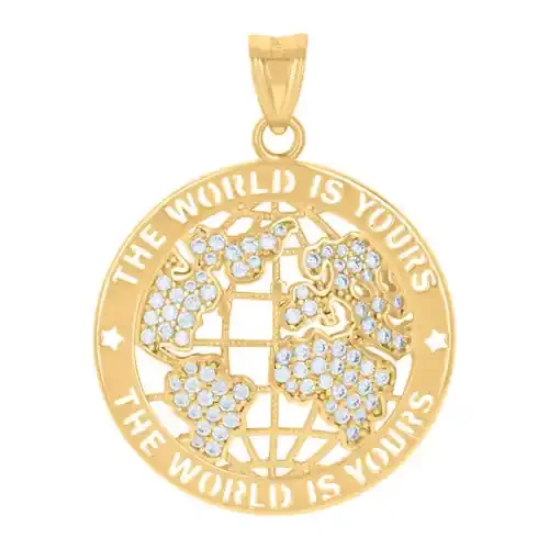 10K Yellow Gold Round CZ Men‘s 1.5″ Medallion WORLD IS YOURS Map Globe Pendant
