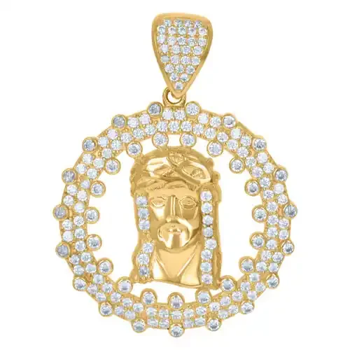10K Yellow Gold Round CZ Men‘s 1.55″ Iced Out Charm Jesus Face Medallion Pendant
