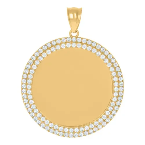10K Yellow Gold Round CZ Men‘s 1.75″ 2 Row Circle Picture Memory Frame Pendant