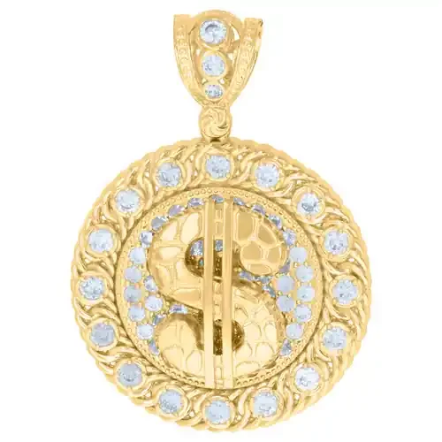 10K Yellow Gold Round CZ Men‘s 2.25″ Cuban Medallion Nugget Dollar Sign Pendant