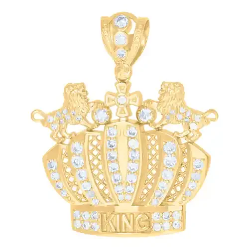 10K Yellow Gold Round CZ Men‘s 2.35″ Royalty Charm KING Crown w/ Lion Pendant