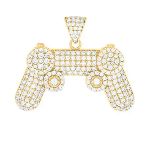 10K Yellow Gold Round CZ Mens 1.15″ Charm Gaming Game Console Controller Pendant