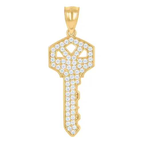10K Yellow Gold Round CZ Unisex 1.25″ Iced Charm Lock & Key to My Heart Pendant