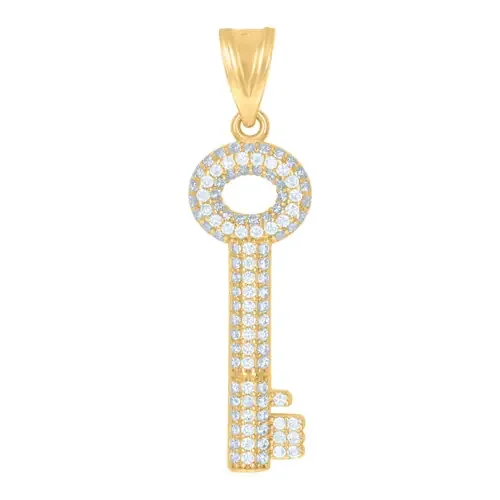 10K Yellow Gold Round CZ Unisex 1.50″ Iced Out Charm Domed Lock & Key Pendant