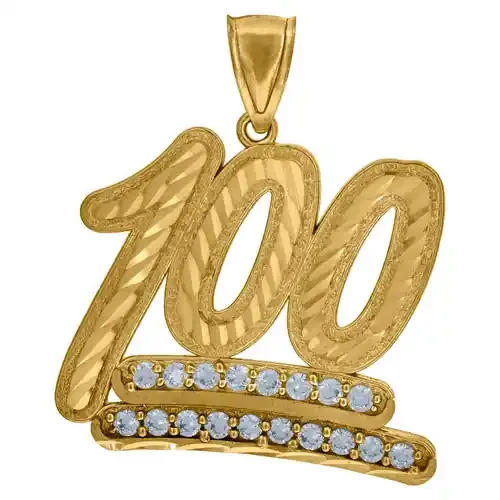 10K Yellow Gold Round CZ Unisex 1.60″ D/C Textured Charm 100 Emoji Logo Pendant