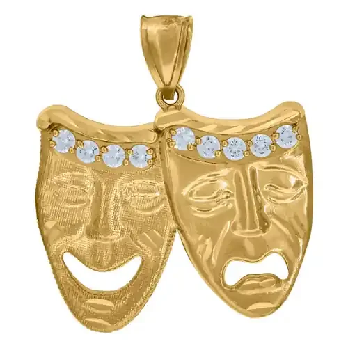 10K Yellow Gold Round CZ Unisex 1.65″ Theater Charm Comedy Tragedy Mask Pendant