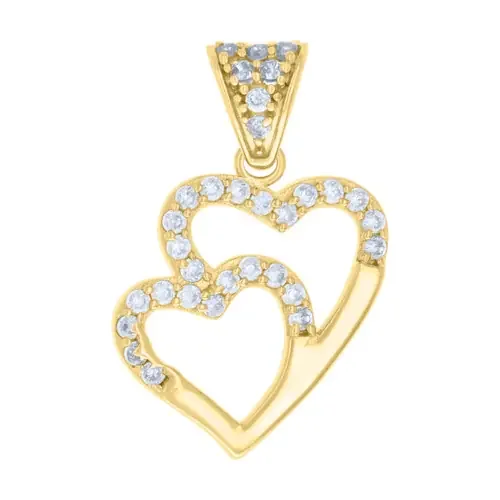 10K Yellow Gold Round CZ Women‘s 0.85″ Love Charm Combined Double Heart Pendant