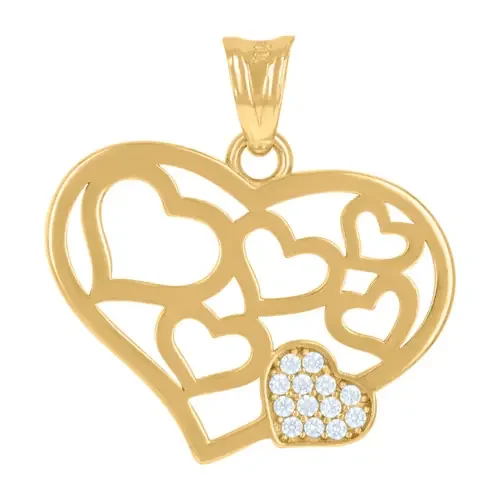 10K Yellow Gold Round CZ Women‘s 0.95″ Love Frame Charm Floating Hearts Pendant