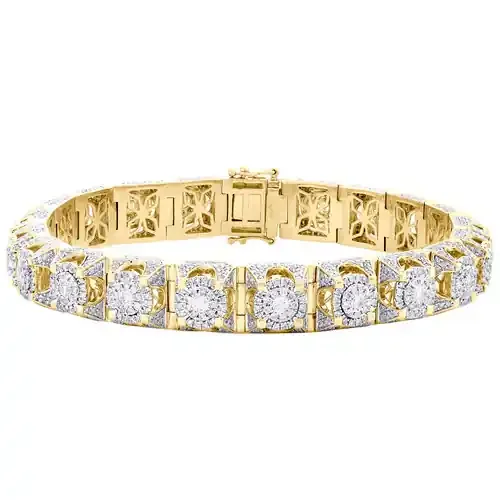 10K Yellow Gold Round Diamond 11mm Statement Cluster Link 11mm Braeclet 10.75 CT