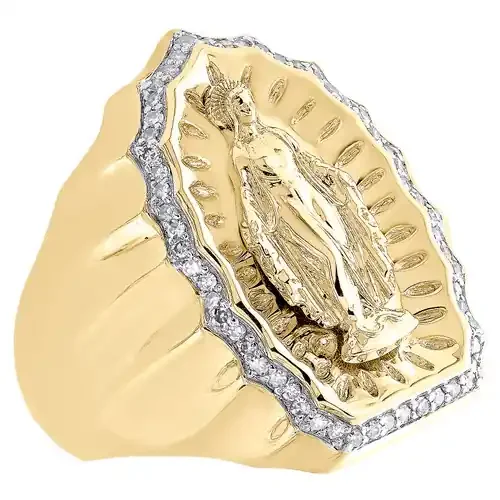 10K Yellow Gold Round Diamond 24mm Virgin Mother Mary Pinky Ring Band 1/3 CT.