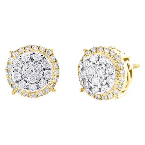 10K Yellow Gold Round Diamond 4 Prong Tiered Stud 9mm Cluster Earrings 0.55 CT.