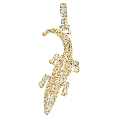 10K Yellow Gold Round Diamond Alligator Statement Pave Pendant 2″ Charm 1.10 CT.
