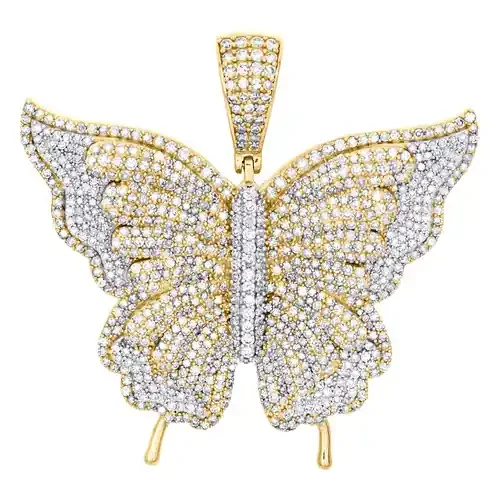 10K Yellow Gold Round Diamond Butterfly Pendant 1.9″ Statement Pave Charm 4.2 CT