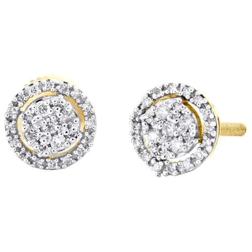 10K Yellow Gold Round Diamond Circle Halo Cluster Stud 7.50mm Earrings 1/5 CT.