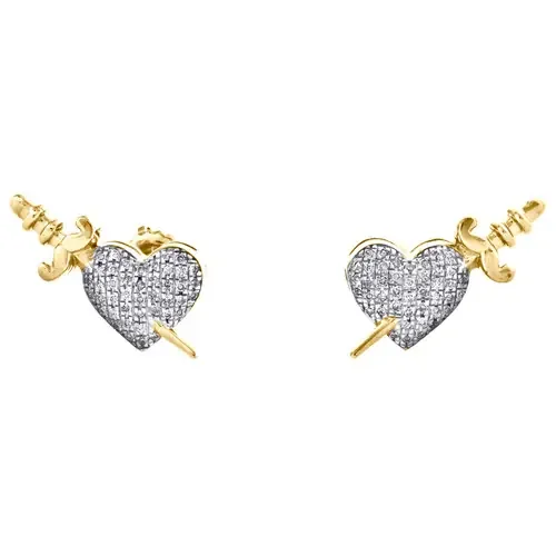 10K Yellow Gold Round Diamond Dagger Knife Heart Stud 16mm Pave Earrings 1/6 CT.