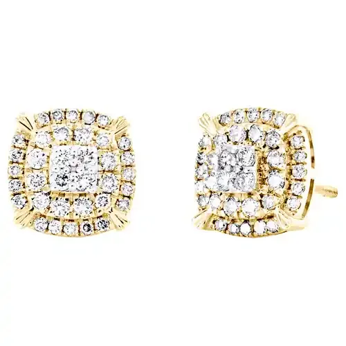 10K Yellow Gold Round Diamond Double Frame 4-Prong Stud 10mm Earrings 0.80 CT.