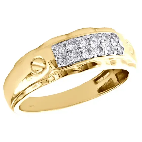 10K Yellow Gold Round Diamond Double Row Wedding Band 8mm Mens Pave Ring 3/8 CT.