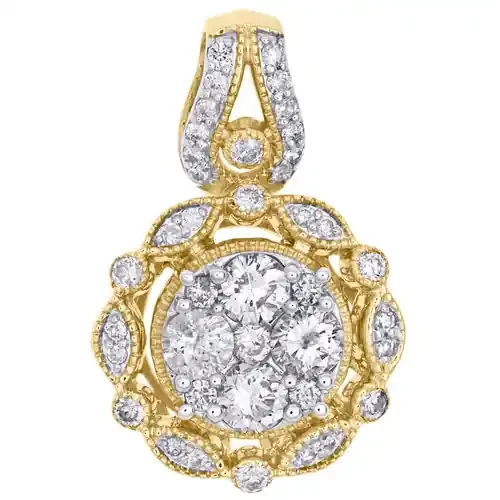 10K Yellow Gold Round Diamond Fancy Statement Pendant 0.90″ Cluster Charm 1 CT.