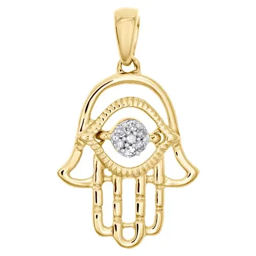 10K Yellow Gold Round Diamond Hamsa Hand Pendant 1″ Pave Statement Charm 1/20 CT