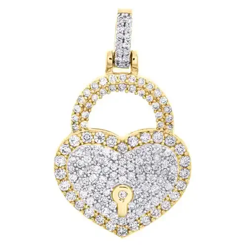 10K Yellow Gold Round Diamond Heart & Lock Pendant 1.20″ Statement Charm 1.50 CT