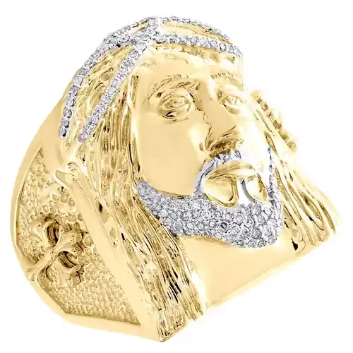 10K Yellow Gold Round Diamond Jesus Face Statement Band 25mm Pinky Ring 1/3 CT.
