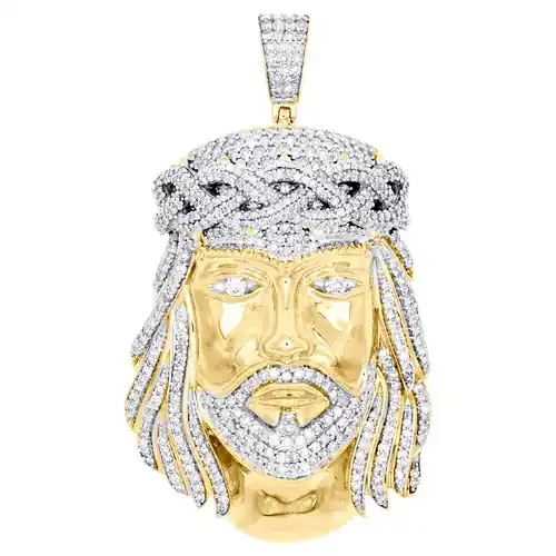 10K Yellow Gold Round Diamond Jesus Head Pendant 2″ Statement Pave Charm 2.25 CT