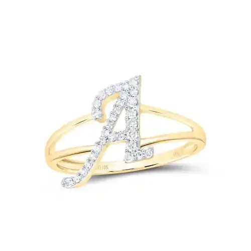 10K Yellow Gold Round Diamond Letter / Initital “A” Splilt Shank Ring 1/5 CT.