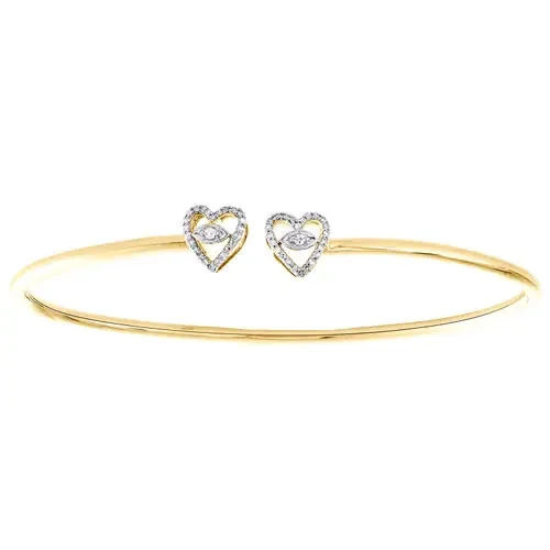 10K Yellow Gold Round Diamond Love & Heart Bangle Statement Braeclet 1/10 CT.