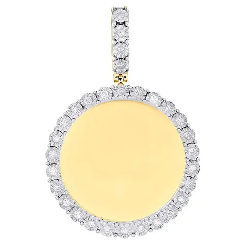 10K Yellow Gold Round Diamond Memory Frame Picture Pendant 1.75″ Charm 3/7 CT.