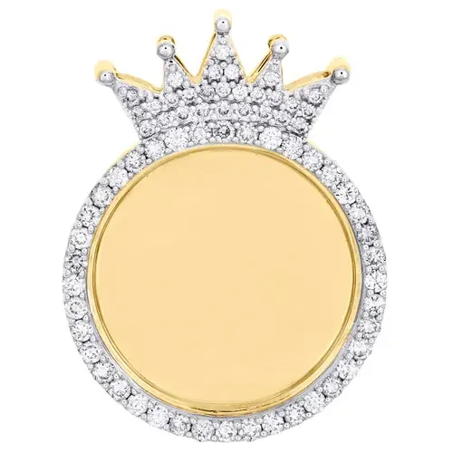 10K Yellow Gold Round Diamond Memory Picture Crown King Frame 1.30″ Pendant 1 CT