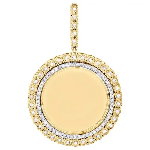 10K Yellow Gold Round Diamond Memory Picture Frame Pendant 2.25″ Charm 1.18 CT