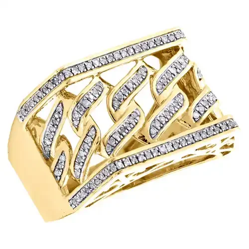10K Yellow Gold Round Diamond Miami Cuban Statement Band 15mm Pinky Ring 0.35 CT