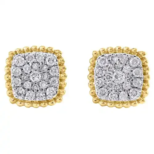 10K Yellow Gold Round Diamond Milgrain Cushion Frame Studs 8mm Earrings 1/3 CT.