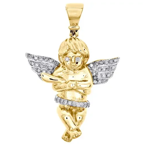 10K Yellow Gold Round Diamond Mini Baby Angel Pendant 1.30″ Pave Charm 1/5 CT.