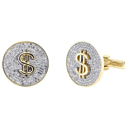 10K Yellow Gold Round Diamond Money / Dollar Sign Circle Cuff Links 1.37 Ct.